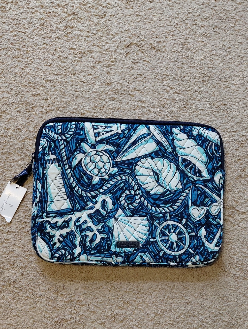 NWT Vera Bradley Shore Enough Quilted Laptop Sleeve Teal, Navy and White